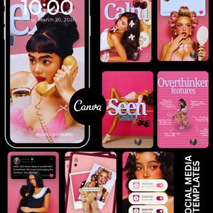May include: A collection of social media templates featuring pink-themed graphic designs, including smartphone mockups, magazine-style layouts with text like 'Calm', 'Seen', and 'Overthinker features', and digital alarm clock interfaces.