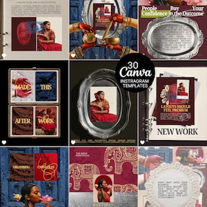 May include: A collection of 30 Canva Instagram templates featuring a variety of graphic designs, including ornate silver frames, red and gold colour palettes, and imagery of a person in traditional attire holding a lotus flower.