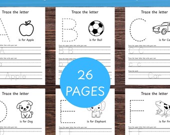 May include: Alphabet tracing workbook with 26 pages. Each page features a letter of the alphabet with a corresponding image and word to trace. Includes images of an apple, ball, car, dog, elephant, and frog. The workbook is designed for educational purposes.