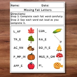 Puede incluir: Una hoja de trabajo titulada "Missing Fall Letters" con instrucciones para completar palabras con temática de otoño. Incluye ilustraciones de una hoja, un árbol, bellotas, una calabaza, una manzana, maíz, un rastrillo, una hoguera, una seta y una tarta.