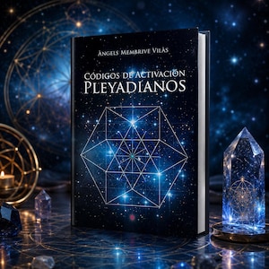 May include: A hardcover book titled CÓDIGOS DE ACTIVACIÓN PLEYADIANOS by Àngels Membrive Vilàs. The cover features a dark blue cosmic background with white stars and a geometric line drawing. A clear crystal point stands to the right of the book.