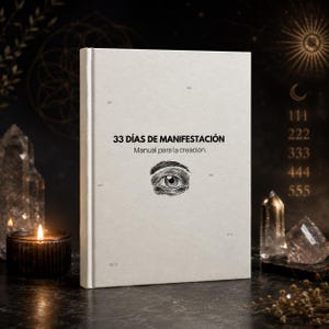 Puede incluir: Un libro de tapa dura blanco titulado 33 DÍAS DE MANIFESTACIÓN Manual para la creación. La portada presenta una ilustración en tinta negra de un ojo en el centro, rodeado por pequeñas secuencias numéricas impresas en una fuente sans-serif negra.