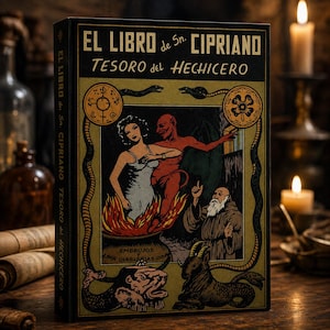 May include: A hardcover book titled "EL LIBRO de Sn. CIPRIANO TESORO del HECHICERO" with a vintage illustration. The cover features a woman, a red demon, and a bearded man, with snakes and symbols. The book is on a wooden surface.