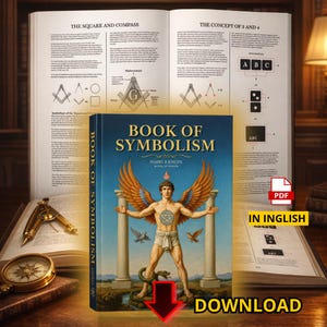 Puede incluir: Un libro titulado "Book of Symbolism" con una ilustración de portada de una figura alada. La imagen incluye libros abiertos, una brújula y otros elementos simbólicos. También se ve el texto "DOWNLOAD" y "PDF IN INGLISH".