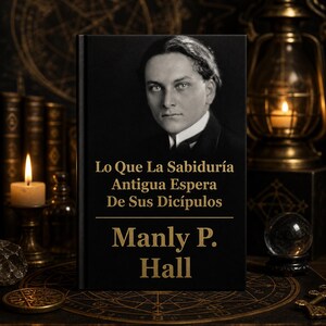 May include: A hardcover book with a black cover featuring a portrait of a man and the title "Lo Que La Sabiduría Antigua Espera De Sus Discípulos" by Manly P. Hall in gold lettering. The background includes candles and antique items.