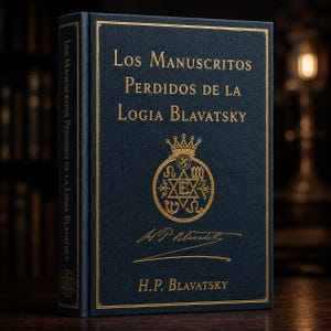Könnte beinhalten: Ein dunkelblaues Hardcover-Buch mit goldener Schrift und einem goldenen Emblem. Der Titel lautet "Los Manuscritos Perdidos de la Logia Blavatsky". Der Name des Autors, H.P. Blavatsky, ist ebenfalls in Gold. Das Buch wird auf einer Holzoberfläche präsentiert.