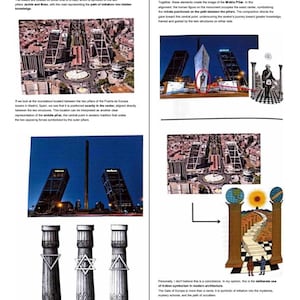 May include: A page titled EXAMPLES OF JACHIM AND BOAZ featuring text and multiple images, including aerial views of the Puerta de Europa towers in Madrid, a central monument, and illustrations of three columns with geometric symbols and a path.