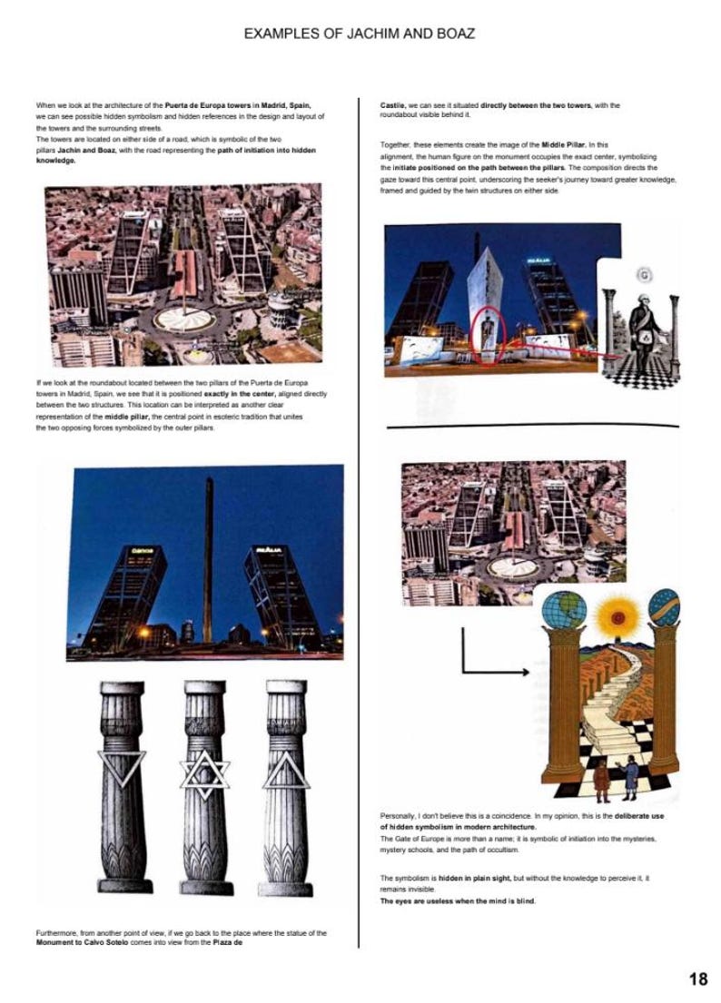 May include: A page titled EXAMPLES OF JACHIM AND BOAZ featuring text and multiple images, including aerial views of the Puerta de Europa towers in Madrid, a central monument, and illustrations of three columns with geometric symbols and a path.