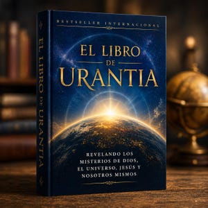 Puede incluir: Un libro de tapa dura titulado "EL LIBRO DE URANTIA" con letras doradas sobre un fondo azul oscuro. La portada presenta una ilustración de la Tierra con una luz brillante que emana de detrás. El texto "BESTSELLER INTERNACIONAL" está en la parte superior.