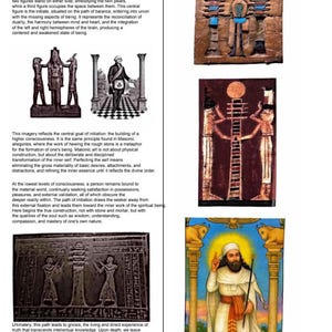 May include: A page titled EXAMPLES OF JACHIM AND BOAZ featuring text and four distinct illustrations. The images include a black and white engraving of figures and pillars, a carved relief, a vertical painting with a ladder, and a colorful figure.
