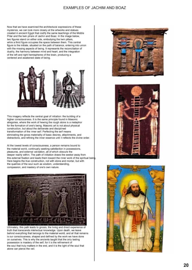 May include: A page titled EXAMPLES OF JACHIM AND BOAZ featuring text and four distinct illustrations. The images include a black and white engraving of figures and pillars, a carved relief, a vertical painting with a ladder, and a colorful figure.