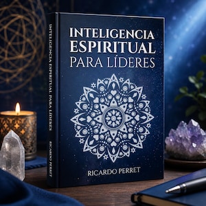 May include: A hardcover book titled Inteligencia Espiritual Para Líderes by Ricardo Perret. The dark blue cover features a white mandala design, a starry night sky background, and white text. The book is positioned upright on a wooden surface.