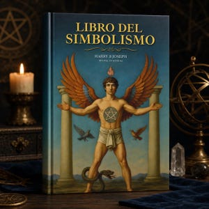 Op de afbeelding: Een hardcover boek getiteld LIBRO DEL SIMBOLISMO door Harry B Joseph, Revival of Wisdom. De kaft toont een centrale figuur met grote vleugels, een pentagram op de borst en een slang aan de voeten, geflankeerd door twee zuilen tegen een blauwe lucht.