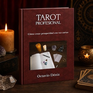 Puede incluir: Un libro de tapa dura titulado "TAROT PROFESIONAL" con texto blanco sobre una cubierta burdeos. El libro presenta una imagen de cartas de tarot, velas y cristales. El nombre del autor, Octavio Déniz, está impreso en la parte inferior.