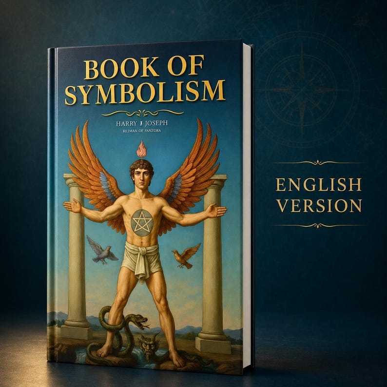 May include: A hardcover book titled Book of Symbolism by Harry J Joseph. The cover features a central figure with large wings, a pentagram on the chest, and a flame above the head, standing between two pillars with a snake and birds nearby.