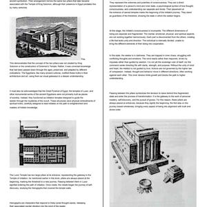 May include: A page titled EXAMPLES OF JACHIN AND BOAZ featuring black and white illustrations of ancient Egyptian architecture, including a temple entrance with two pillars, a floor plan diagram, and a perspective drawing of a temple structure.