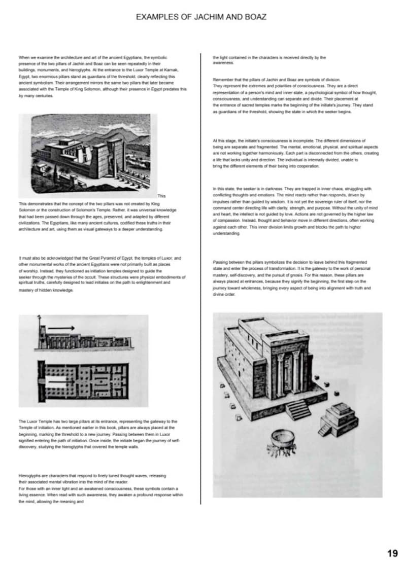 May include: A page titled EXAMPLES OF JACHIN AND BOAZ featuring black and white illustrations of ancient Egyptian architecture, including a temple entrance with two pillars, a floor plan diagram, and a perspective drawing of a temple structure.