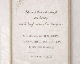 She is Clothed with Strength and Dignity Wall Art, Christian Mother’s Day Gift, Scripture Wall Decor, Proverbs 31 Bible Print