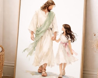 Jezus met kind kunst aan de muur afdrukbare, LDS doop uitnodiging cover, decor christelijk kinderdagverblijf, doopcadeau, aquarel Jezus digitale download
