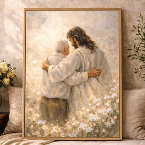 Jesus geht mit älterem Mann Druck, christliche Wandkunst, tröstender Retter Kunstwerk, religiöses Programm, digitaler Download