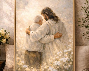 Jesus geht mit älterem Mann Druck, christliche Wandkunst, tröstender Retter Kunstwerk, religiöses Programm, digitaler Download