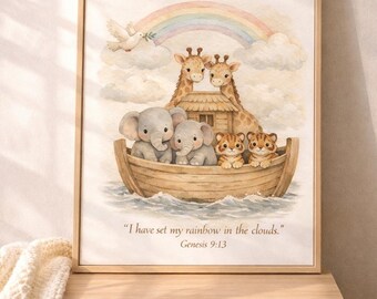 Noah’s Ark Nursery Wall Art Printable, Gods Promises Are True, Genesis 9:13 Bible Verse, Christian Baby Room Decor, Ark Animals