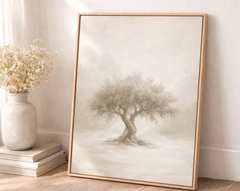 Grafika ścienna z drzewem oliwnym do druku, neutralna chrześcijańska dekoracja ścienna, minimalistyczny biblijny nadruk z drzewem oliwnym, beżowa dekoracja z motywem botanicznym