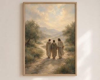 Road to Emmaus Printable Wall Art, Jesus Walking with Disciples, Christian Wall Decor, Bible Art, Neutral Oil Painting, Digital Download