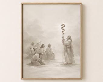 Moses Healing Bijbelverhaal Christian Faith Decor, Come Follow Me Numbers 21 bronzen slang kunst aan de muur LDS schrift afdrukbaar