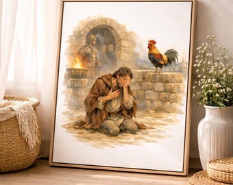 Peter Denies Jesus Art Print, Rooster Crow Scripture Art, Bible Scene Wall Art, Christian Printable, LDS Wall Art, Sepia Painting