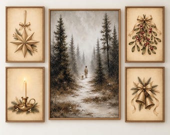 Christmas Wall Art Bundle Set of 5, Jesus and Lamb Winter Forest Print, Neutral Vintage Christmas Gallery Wall, Digital Download