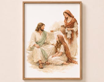 Jesus with Mary and Martha Printable Wall Art | Luke 10:38-42 Bible Illustration | Christian Wall Decor | Scripture Art Print