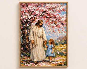 Christian Wall Art Printable – Jesus With Child Under Cherry Blossoms – Nursery Christian Decor – Spring Religious Art – Digital Download