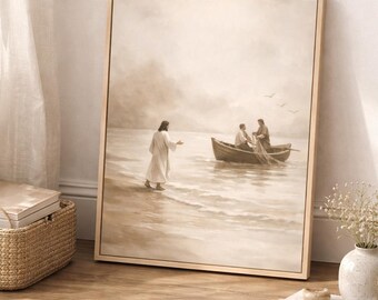 Jesus Calls Fishermen Art Print, Fishers of Men Scripture Wall Art, Christian LDS Decor, Bible Scene Printable, Neutral Sepia Art