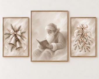 Christian Christmas Wall Art Bundle Set of 3, Santa Reading Bible Printables, Neutral Vintage Christmas Decor, Digital Download