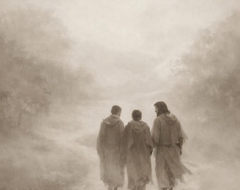 Road to Emmaus Wall Art Printable | Jesus Appears to Two Disciples | Luke 24 Christian Art | Sepia Bible Print Download