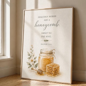 Proverbs 16:24 Wall Art, Gracious Words Honeycomb Print, Christian Scripture Printable, Neutral Farmhouse Bible Verse Decor