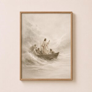May include: A framed sepia-toned print depicts a religious scene. A figure in white robes stands in a small boat on turbulent water, with other figures. The artwork is set against a cloudy sky, evoking a sense of drama and faith.