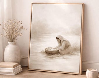 Jokebed och Moses barn utskrivbar väggkonst, kristen gåva för mors dag, bibelkonst för mor och barn, barnrumsdekor för bibelberättelser