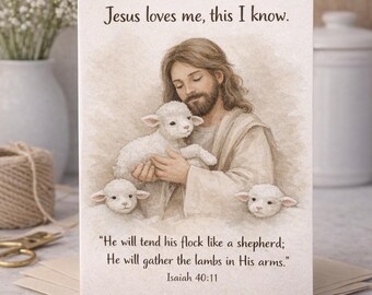 Jesus Loves Me Wall Art, Good Shepherd Print, Isaiah 40:11 Scripture Art, Christian Nursery Decor, LDS Jesus with Lamb Printable