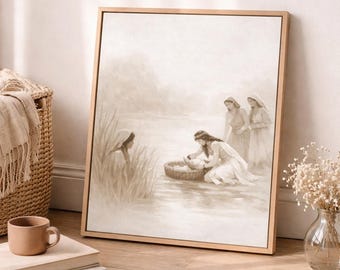 Miriam och baby Moses väggkonst utskrivbar, faraos dotter hittar Moses, bibelgåva till mors dag, barnrumskonst till barn, kristen digital nedladdning