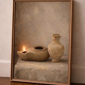 May include: A framed still life painting featuring a lit oil lamp and a small vase. The lamp has a flame, and both objects are in shades of beige and brown, set against a neutral background. The frame is a warm, light brown.