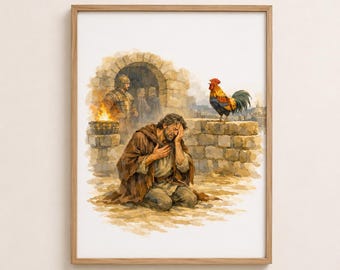 Peter Denies Jesus Art Print, Rooster Crow Scripture Art, Bible Scene Wall Art, Christian Printable, LDS Wall Art, Sepia Painting