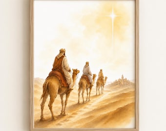 Three Wise Men Watercolor Print, Journey to Bethlehem Christian Christmas Art, Magi Star of Bethlehem Printable Wall Art