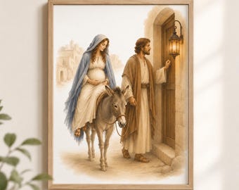 No Room at the Inn Watercolor Print, Mary and Joseph Bethlehem Art, Christmas Nativity Wall Art, Christian Printable Decor