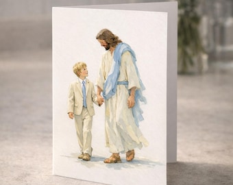 Jesus Walking With Boy Wall Art Printable, LDS Baptism Gift, Christian Boy Room Decor, Watercolor Religious Print Download, Baptism Program
