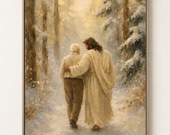 Jesus Walking With Elderly Man Winter Wall Art, Christian Printable, Comforting Faith Art, Winter Religious Decor, Digital Download