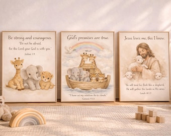 Christian Nursery Wall Art Bundle, Bible Verse Printable Set, Jesus Loves Me, Joshua 1:9, Noah Ark Animals, Neutral Baby Decor
