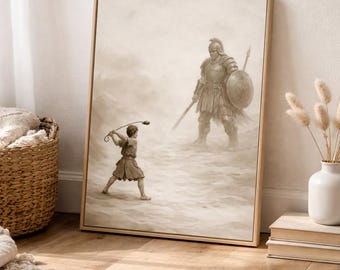 David och Goliat väggkonst utskrivbar, bibelberättelse kristen konst, tro mod bibelillustration, biblisk barnrumskonst för nedladdning