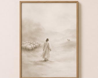 Jesus Leaving 99 for the 1 Lost Sheep Sepia Printable Wall Art, Christian Shepherd Decor, Neutral Faith Artwork, Bible Scripture Download,